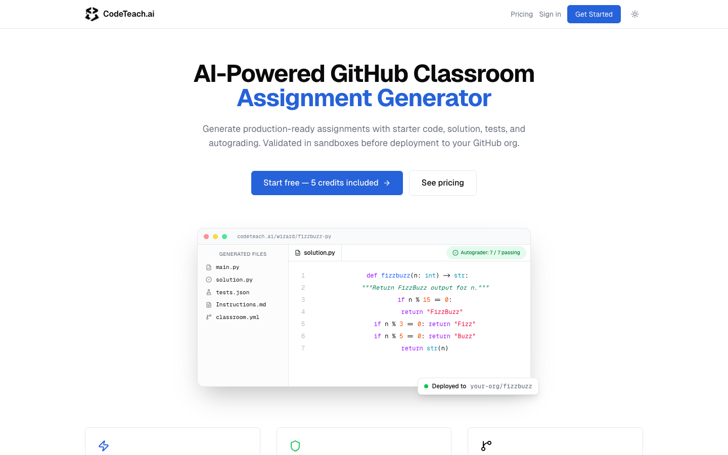 CodeTeach.ai interface showing a generated Python assignment with solution.py, tests, autograding, and one-click GitHub deploy