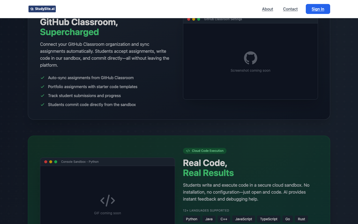StudySite.ai platform hero showing language support, cloud sandbox, GitHub Classroom integration, and 24/7 AI tutor